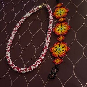 Elegant Beaded Necklace and Bracelet Set - Red, Yellow, and Black